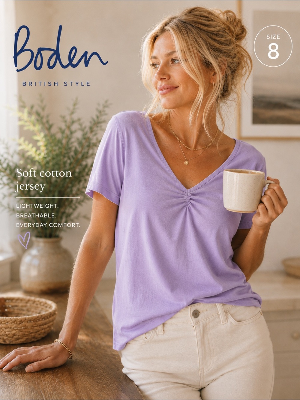 Boden Supersoft Lavender Ruched V-Neck Tee Top US 8